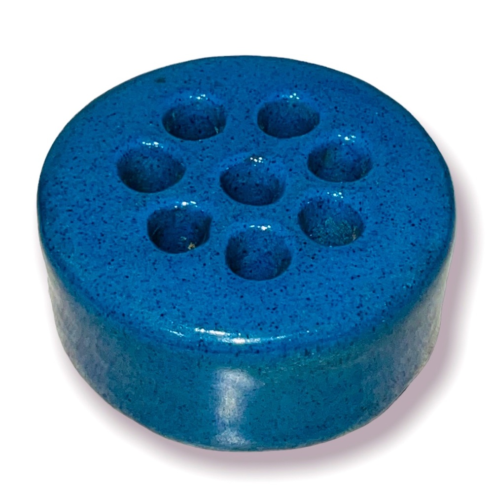 flower frog blue glazed red clay 8 holes